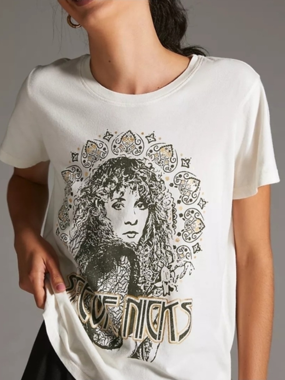 Anthropologie Ivory Graphic Short-Sleeve Tee with Black & Gold Print